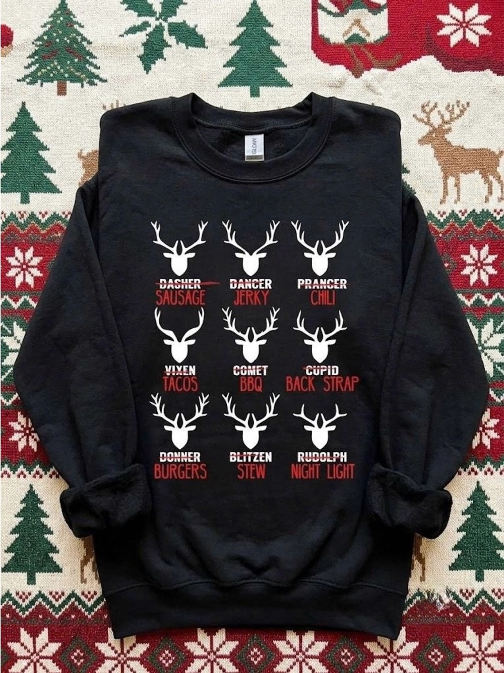 Funny Deer Hunting Christmas Sweatshirt Black Reindeer Names Xmas Crewneck
